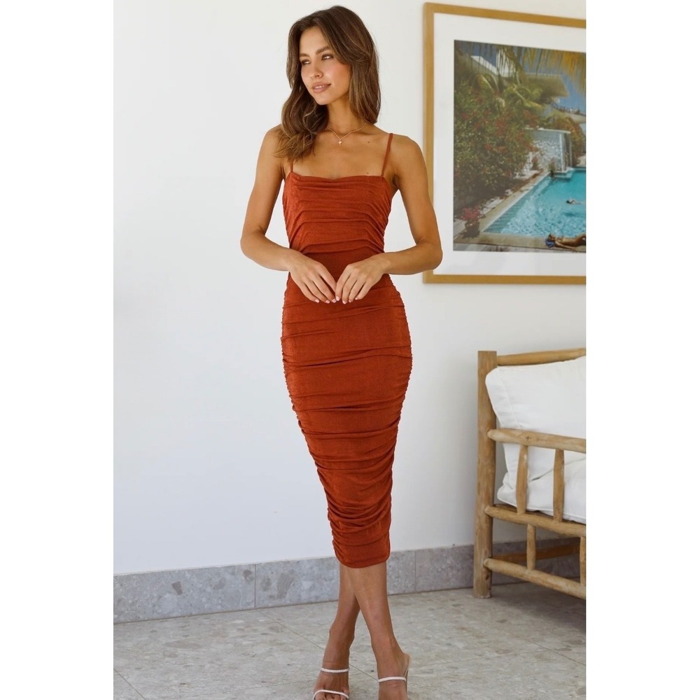 Hello Molly Rust Orange Ruched Bodycon Midi Dress Cowl Neck S Party‎ Cocktail